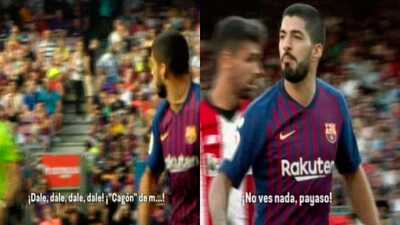 collage con las capturas del video en el que se ve a luis suarez insultar al arbitro y al asistente durante el barca athletic  movistar+